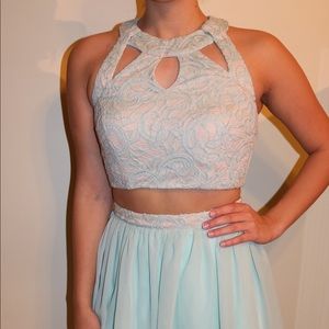 Speechless Lace Cutout Top and Solid Skirt Set